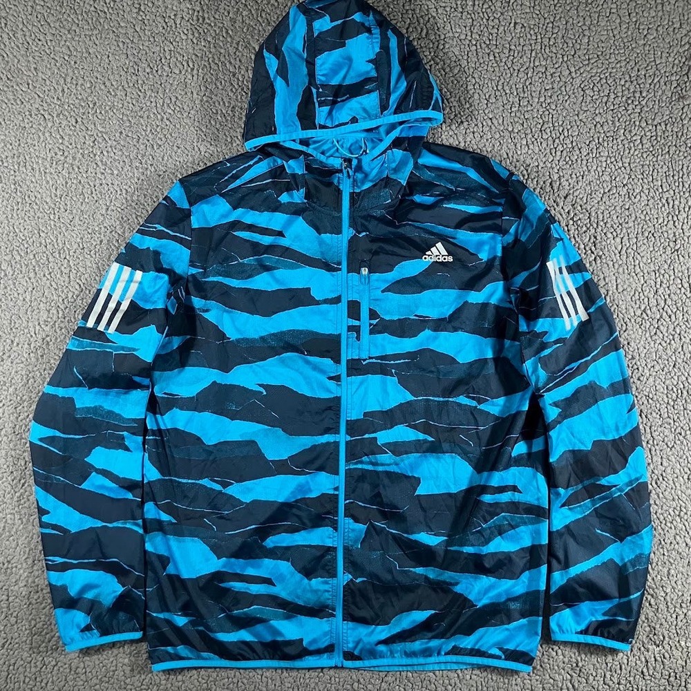 Adidas Running Windbreaker Jacket Blue Tiger Camo Hooded Mens Large L DU2312